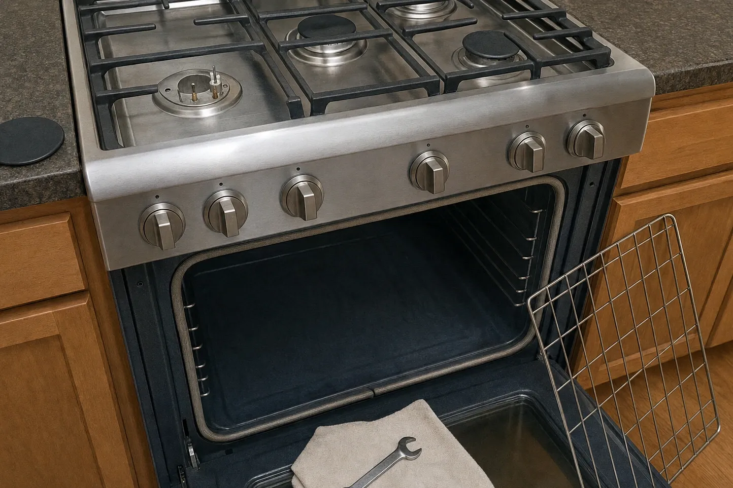 Stainless gas cooktop with one burner cap and grate lifted off, exposing the burner head and spark electrode; oven door open below