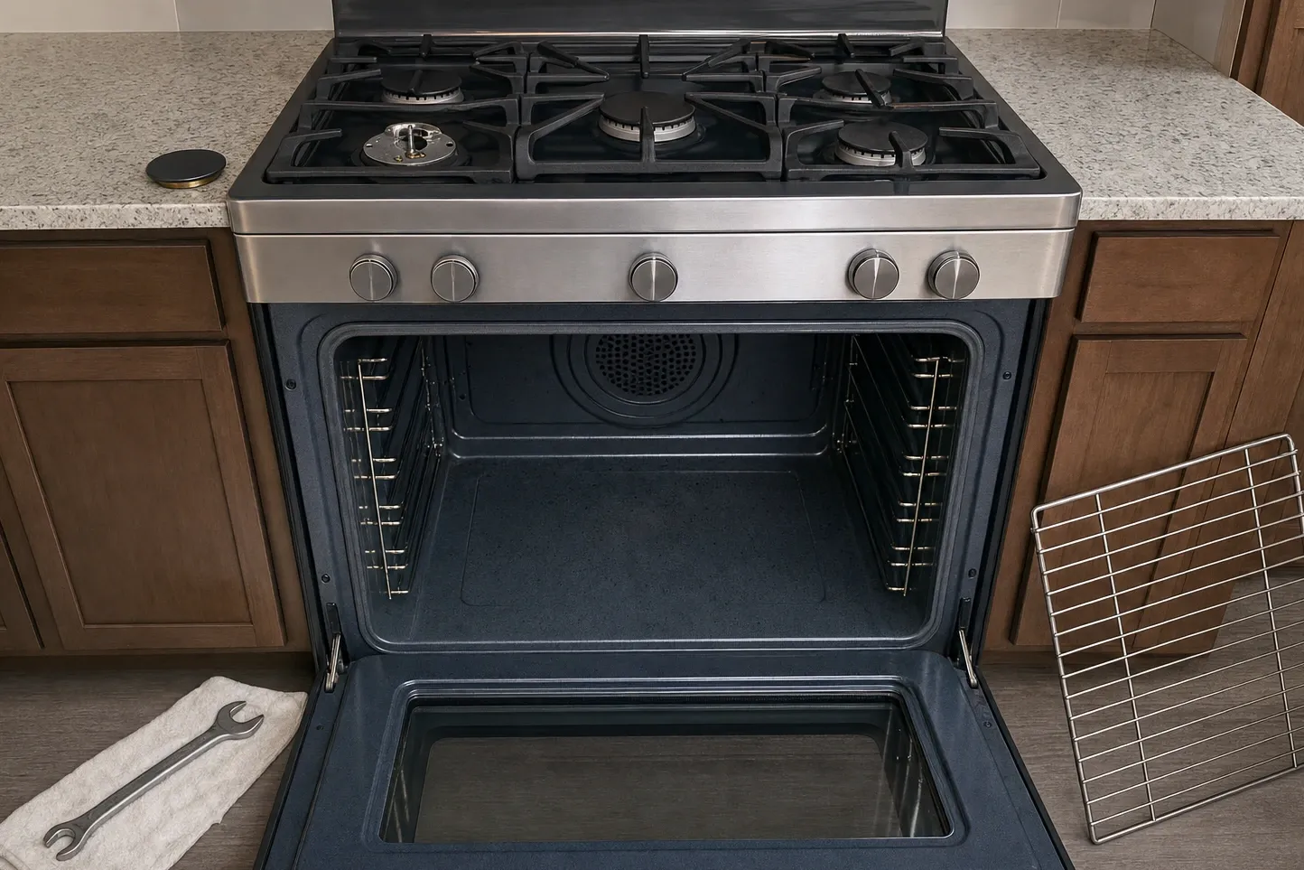 Open oven cavity on a stainless gas range, empty, with the round convection fan cover on the back wall and a rack lifted out