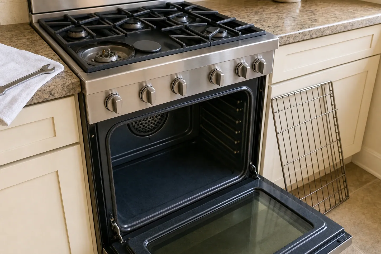 Stainless gas range with one burner opened up, the oven door standing open on an empty cavity and a wrench on a cloth on the counter